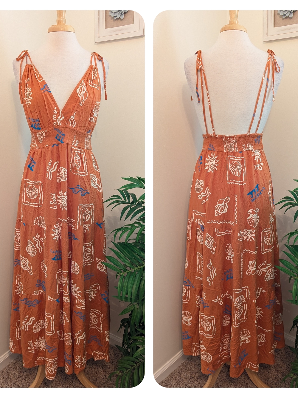 Patrons of Peace French Summer Beach Print Orange Tie Strap Maxi Dress M